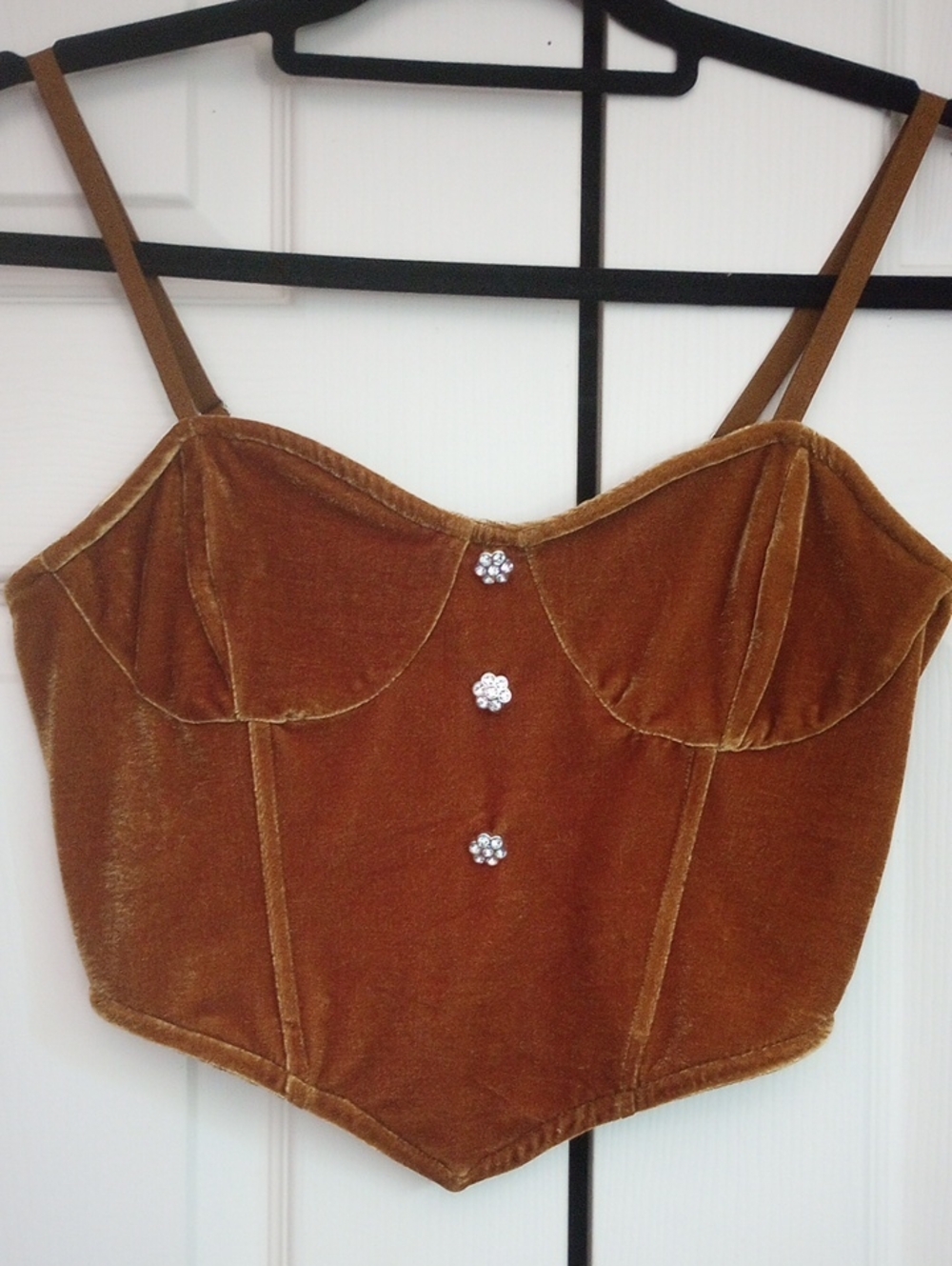 Forever 21 Gold Brown Velvet Sleeveless Corset Crop Top Rhinestone Buttons S